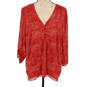 Coldwater Creek Top Blouse Size XL Brick Cream Tiered Hem/Sleeves